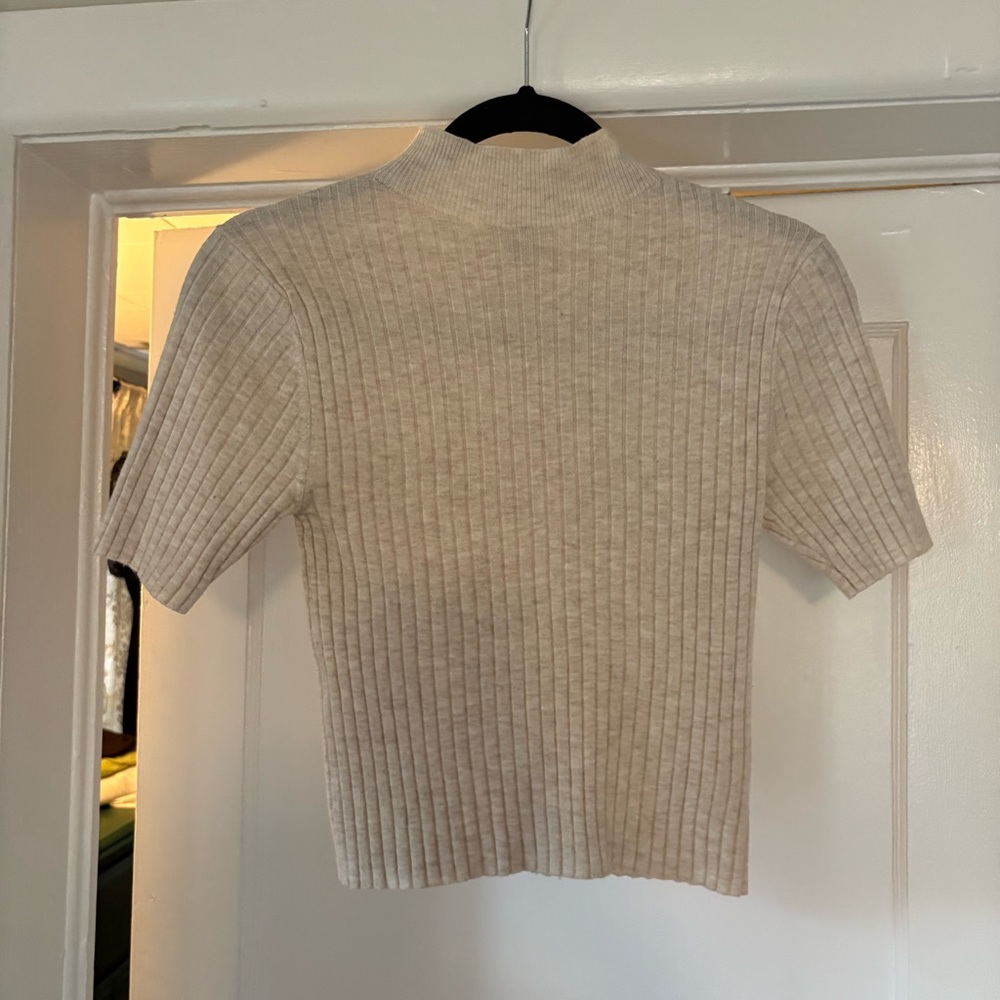 Ribbed Cream Short Sleeve Mock Neck Sweater